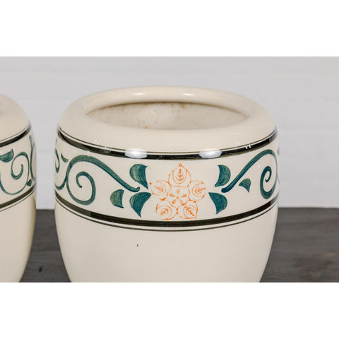 Pair of Late Qing Dynasty Ceramic Planters with Green Floral Décor-YN2374-9. Asian & Chinese Furniture, Art, Antiques, Vintage Home Décor for sale at FEA Home