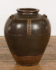 Thai Brown Glazed Ceramic Vase with Loop Handles and Cream Dotted Décor-14. Asian & Chinese Furniture, Art, Antiques, Vintage Home Décor for sale at FEA Home