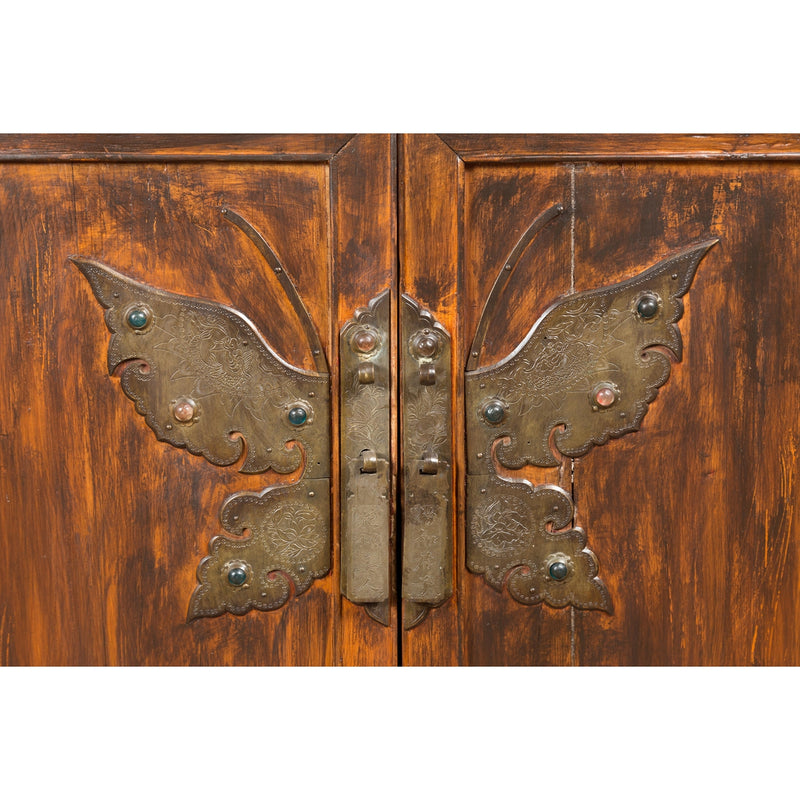 Antique Side Cabinet with Large Butterfly on Doors-YN2580-13. Asian & Chinese Furniture, Art, Antiques, Vintage Home Décor for sale at FEA Home