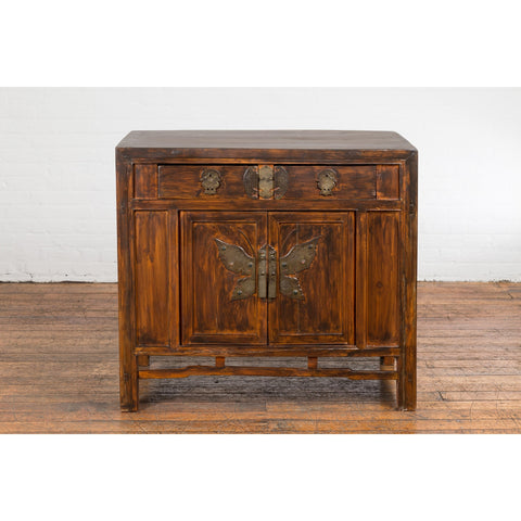 Antique Side Cabinet with Large Butterfly on Doors-YN2580-2. Asian & Chinese Furniture, Art, Antiques, Vintage Home Décor for sale at FEA Home