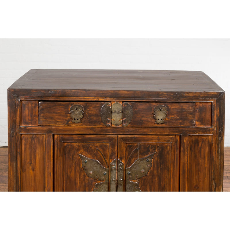 Antique Side Cabinet with Large Butterfly on Doors-YN2580-3. Asian & Chinese Furniture, Art, Antiques, Vintage Home Décor for sale at FEA Home