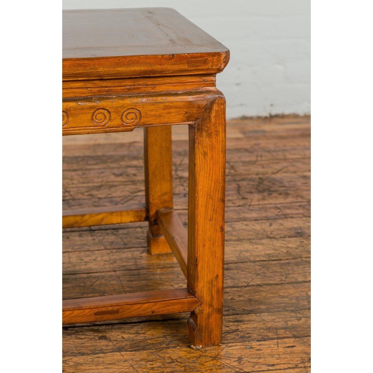 Light Brown Square Elm wood Antique Side Table with Small Scrolled Figures on Apron-9. Asian & Chinese Furniture, Art, Antiques, Vintage Home Décor for sale at FEA Home