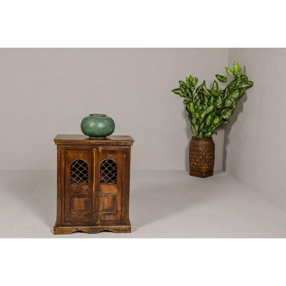 19th Century Wooden Side Cabinet with Arched Metal Grate Window Door-11. Asian & Chinese Furniture, Art, Antiques, Vintage Home Décor for sale at FEA Home