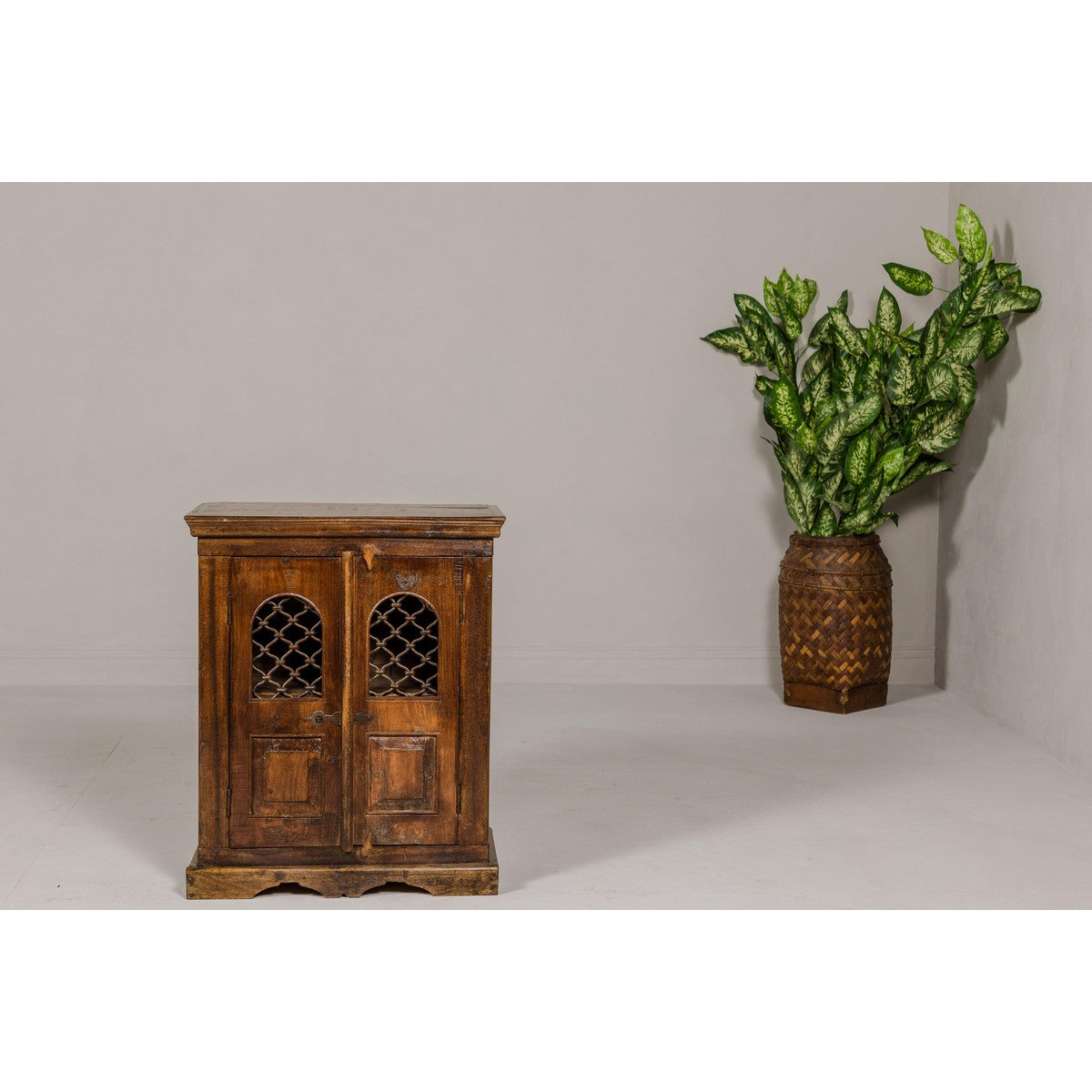 19th Century Wooden Side Cabinet with Arched Metal Grate Window Door-3. Asian & Chinese Furniture, Art, Antiques, Vintage Home Décor for sale at FEA Home