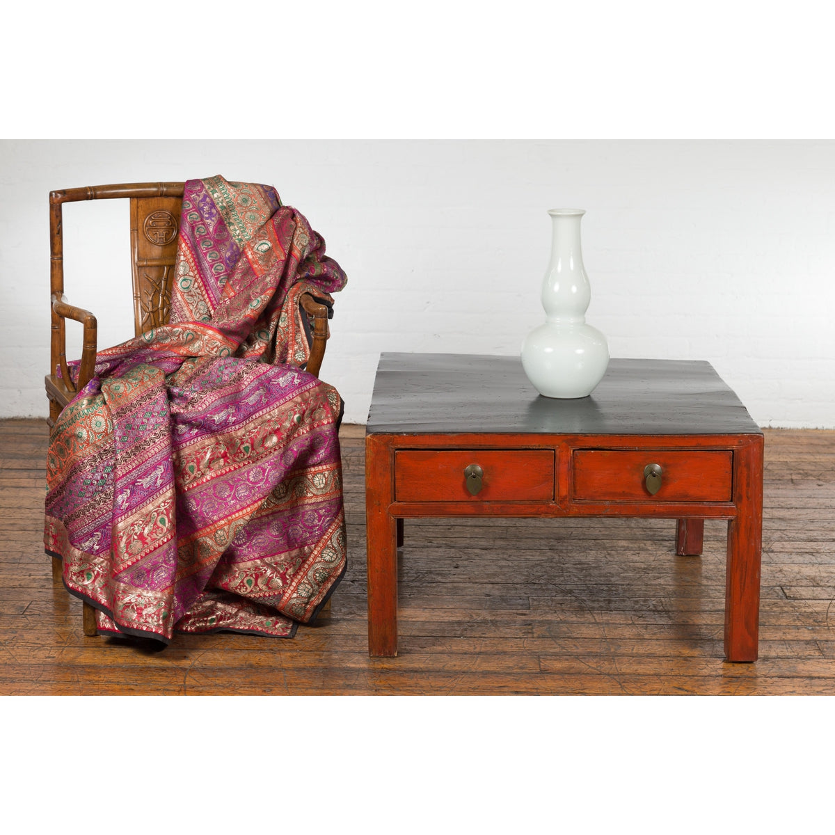 Red and Black Antique Coffee Table with Two Drawers-3. Asian & Chinese Furniture, Art, Antiques, Vintage Home Décor for sale at FEA Home