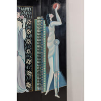 Hand-Painted Art Deco Inspired Four-Panel Screen with Three Elegant Ladies