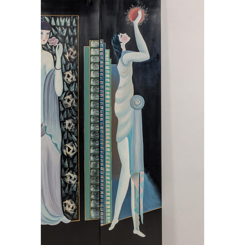 Hand-Painted Art Deco Inspired Four-Panel Screen with Three Elegant Ladies-YN2818-10. Asian & Chinese Furniture, Art, Antiques, Vintage Home Décor for sale at FEA Home