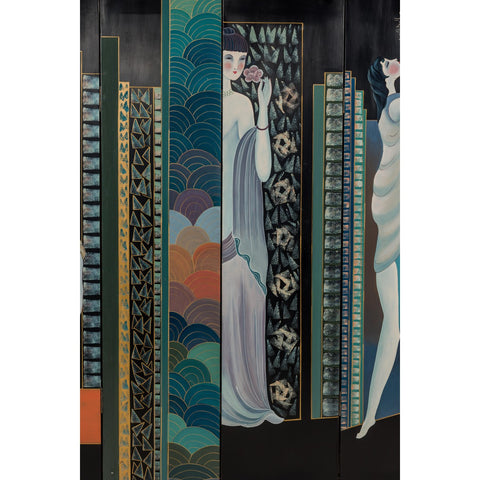 Hand-Painted Art Deco Inspired Four-Panel Screen with Three Elegant Ladies-YN2818-11. Asian & Chinese Furniture, Art, Antiques, Vintage Home Décor for sale at FEA Home
