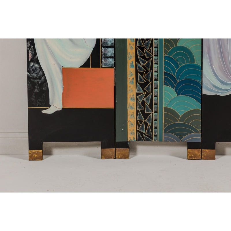 Hand-Painted Art Deco Inspired Four-Panel Screen with Three Elegant Ladies-YN2818-12. Asian & Chinese Furniture, Art, Antiques, Vintage Home Décor for sale at FEA Home