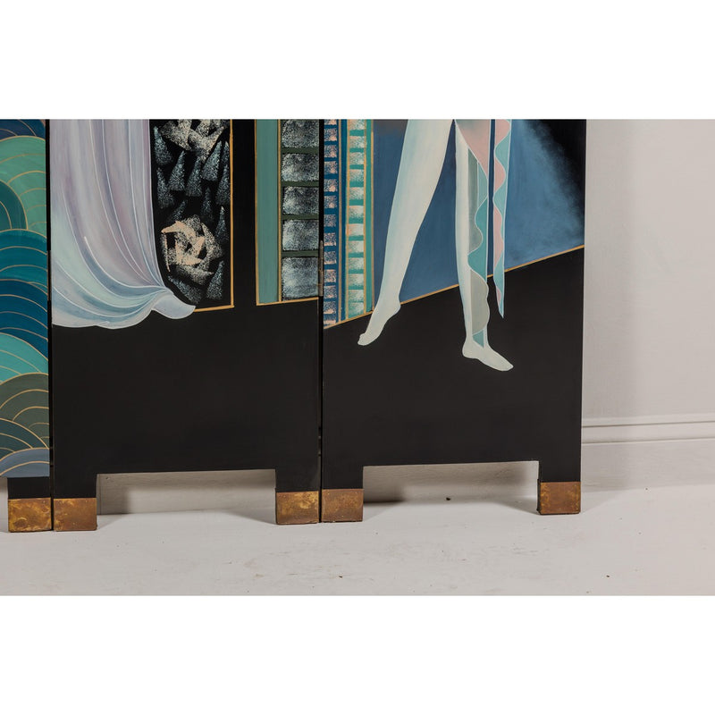 Hand-Painted Art Deco Inspired Four-Panel Screen with Three Elegant Ladies-YN2818-13. Asian & Chinese Furniture, Art, Antiques, Vintage Home Décor for sale at FEA Home