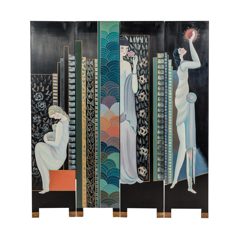Hand-Painted Art Deco Inspired Four-Panel Screen with Three Elegant Ladies-YN2818-16. Asian & Chinese Furniture, Art, Antiques, Vintage Home Décor for sale at FEA Home