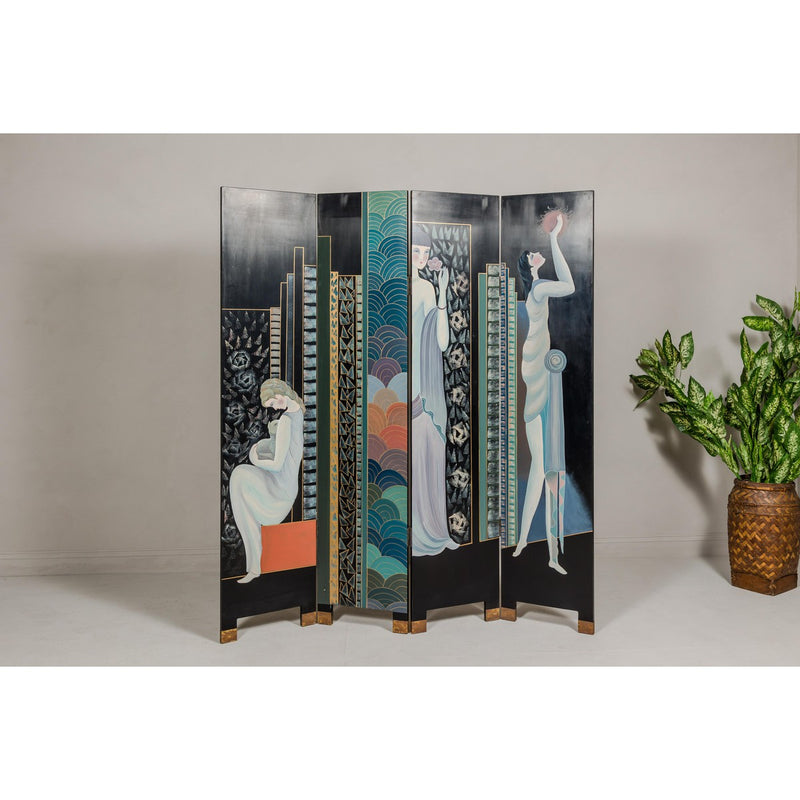 Hand-Painted Art Deco Inspired Four-Panel Screen with Three Elegant Ladies-YN2818-2. Asian & Chinese Furniture, Art, Antiques, Vintage Home Décor for sale at FEA Home