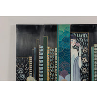 Hand-Painted Art Deco Inspired Four-Panel Screen with Three Elegant Ladies
