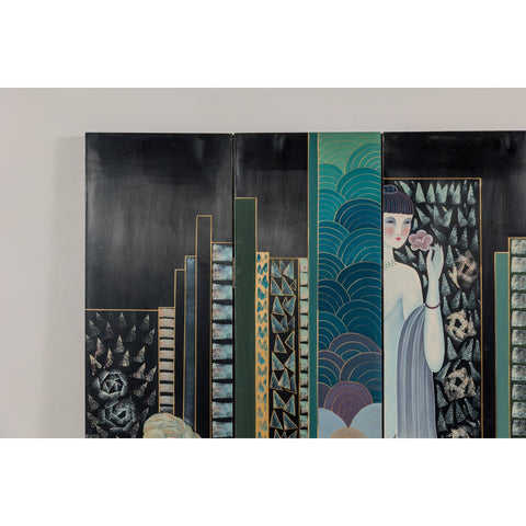 Hand-Painted Art Deco Inspired Four-Panel Screen with Three Elegant Ladies-YN2818-5. Asian & Chinese Furniture, Art, Antiques, Vintage Home Décor for sale at FEA Home