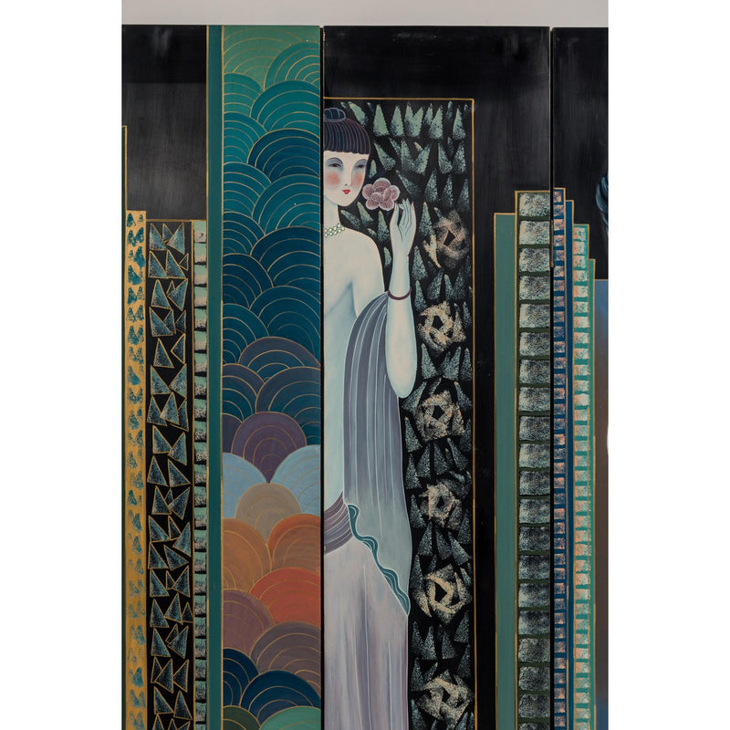 Hand-Painted Art Deco Inspired Four-Panel Screen with Three Elegant Ladies-YN2818-8. Asian & Chinese Furniture, Art, Antiques, Vintage Home Décor for sale at FEA Home