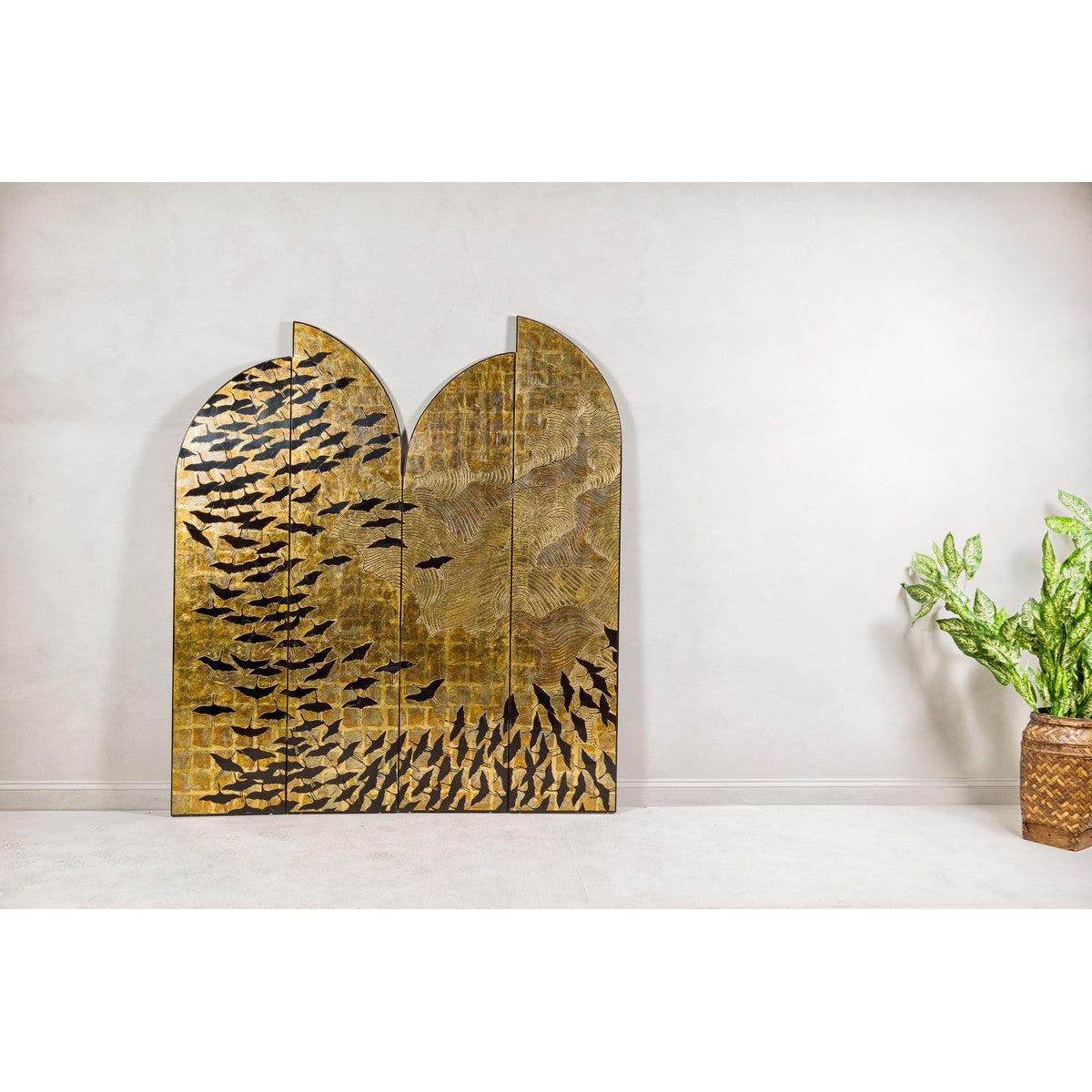 Hollywood Regency Black and Gold Four-Panel Screen with Hand-Painted Cranes-11. Asian & Chinese Furniture, Art, Antiques, Vintage Home Décor for sale at FEA Home