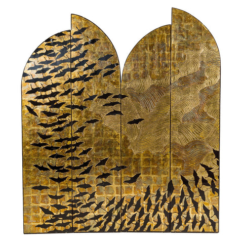 Hollywood Regency Black and Gold Four-Panel Screen with Hand-Painted Cranes-YN2838-16. Asian & Chinese Furniture, Art, Antiques, Vintage Home Décor for sale at FEA Home