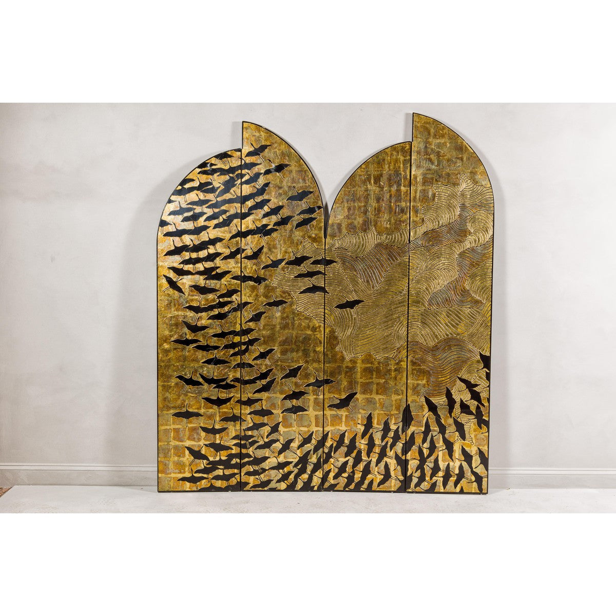 Hollywood Regency Black and Gold Four-Panel Screen with Hand-Painted Cranes-2. Asian & Chinese Furniture, Art, Antiques, Vintage Home Décor for sale at FEA Home