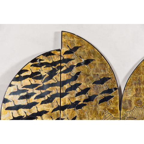 Hollywood Regency Black and Gold Four-Panel Screen with Hand-Painted Cranes-YN2838-3. Asian & Chinese Furniture, Art, Antiques, Vintage Home Décor for sale at FEA Home