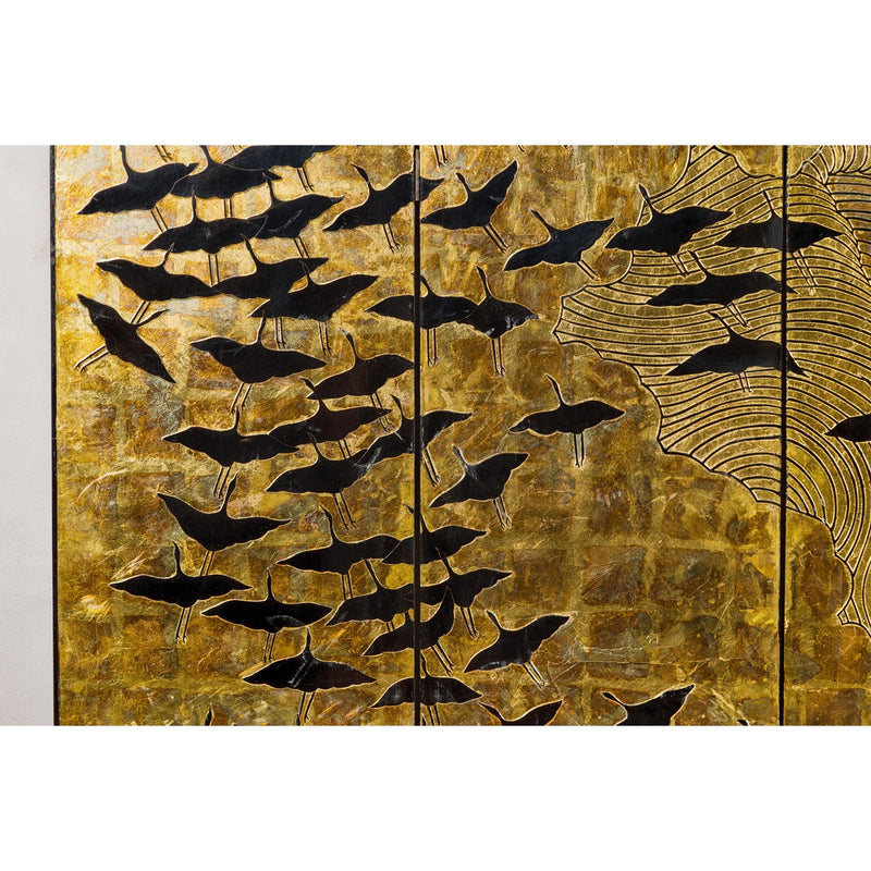 Hollywood Regency Black and Gold Four-Panel Screen with Hand-Painted Cranes-YN2838-4. Asian & Chinese Furniture, Art, Antiques, Vintage Home Décor for sale at FEA Home