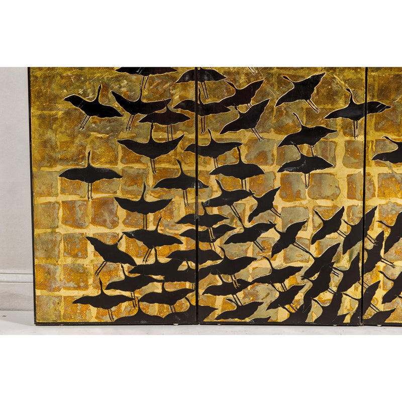 Hollywood Regency Black and Gold Four-Panel Screen with Hand-Painted Cranes-YN2838-5. Asian & Chinese Furniture, Art, Antiques, Vintage Home Décor for sale at FEA Home