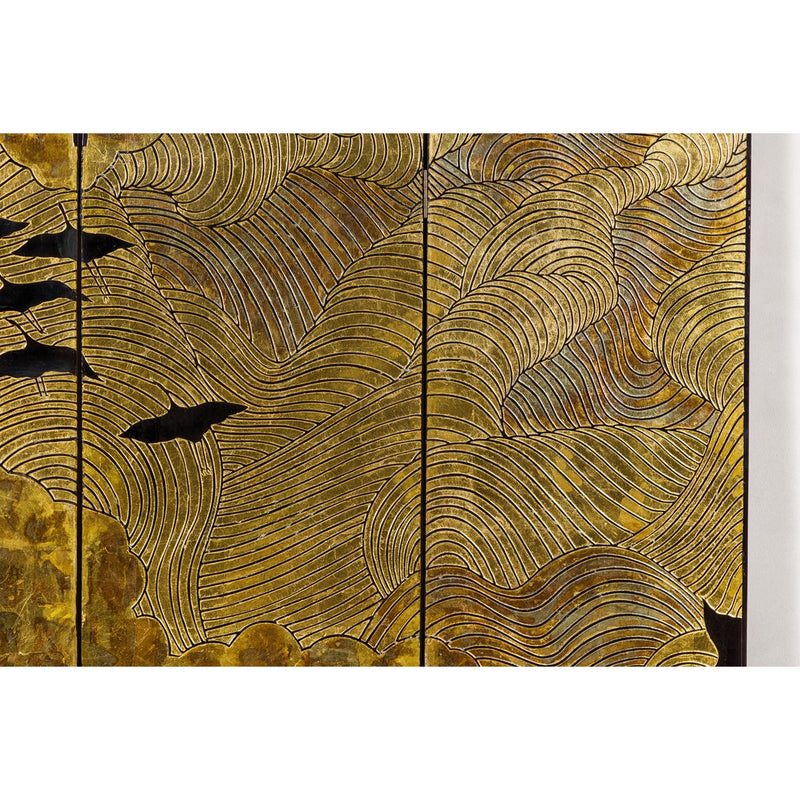 Hollywood Regency Black and Gold Four-Panel Screen with Hand-Painted Cranes-YN2838-7. Asian & Chinese Furniture, Art, Antiques, Vintage Home Décor for sale at FEA Home