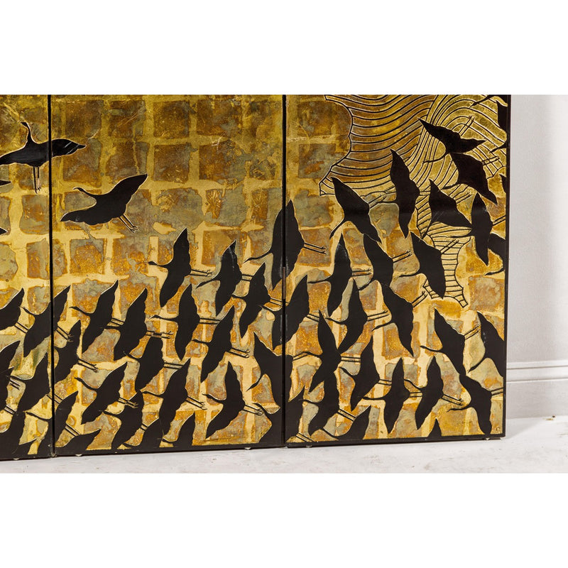 Hollywood Regency Black and Gold Four-Panel Screen with Hand-Painted Cranes-YN2838-8. Asian & Chinese Furniture, Art, Antiques, Vintage Home Décor for sale at FEA Home