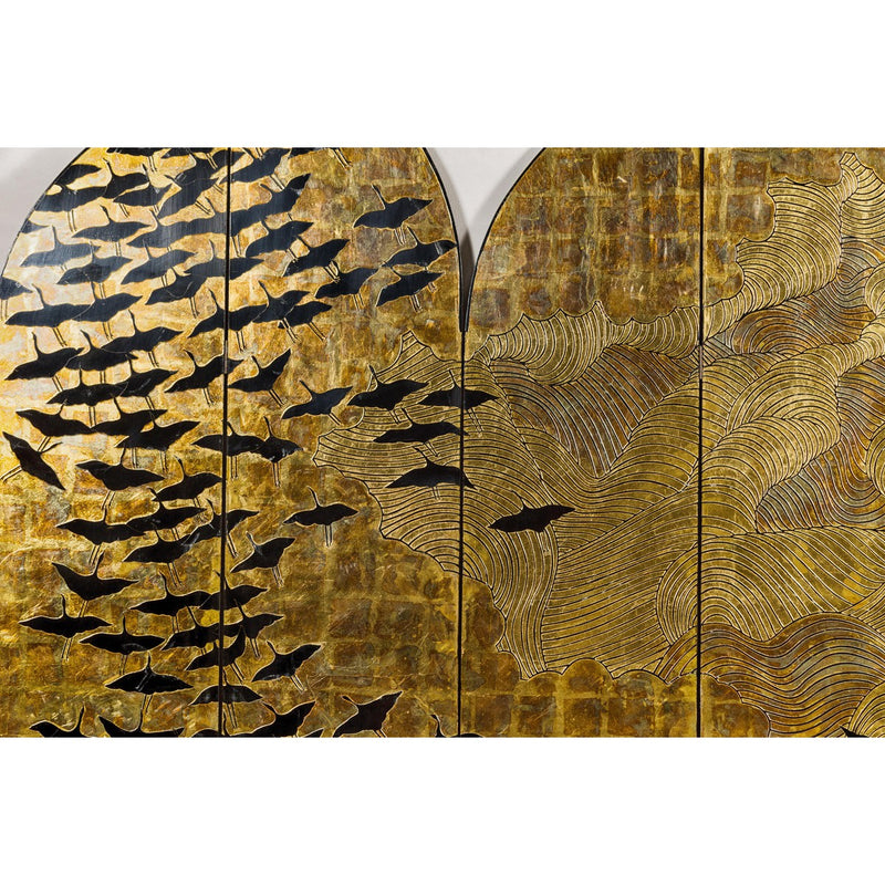 Hollywood Regency Black and Gold Four-Panel Screen with Hand-Painted Cranes-YN2838-9. Asian & Chinese Furniture, Art, Antiques, Vintage Home Décor for sale at FEA Home