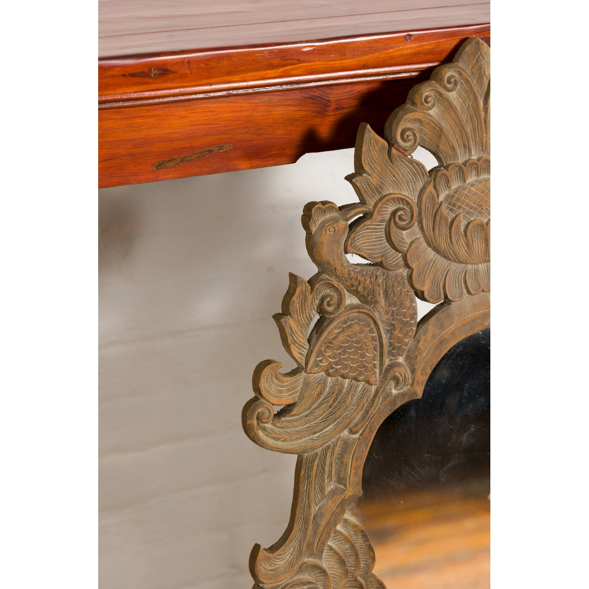 Vintage Thai Wooden Mirror with Carved Bird, Foliage and Flower Motifs-11. Asian & Chinese Furniture, Art, Antiques, Vintage Home Décor for sale at FEA Home