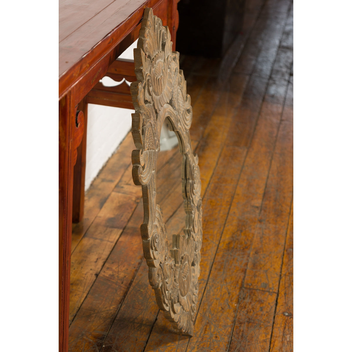 Vintage Thai Wooden Mirror with Carved Bird, Foliage and Flower Motifs-12. Asian & Chinese Furniture, Art, Antiques, Vintage Home Décor for sale at FEA Home