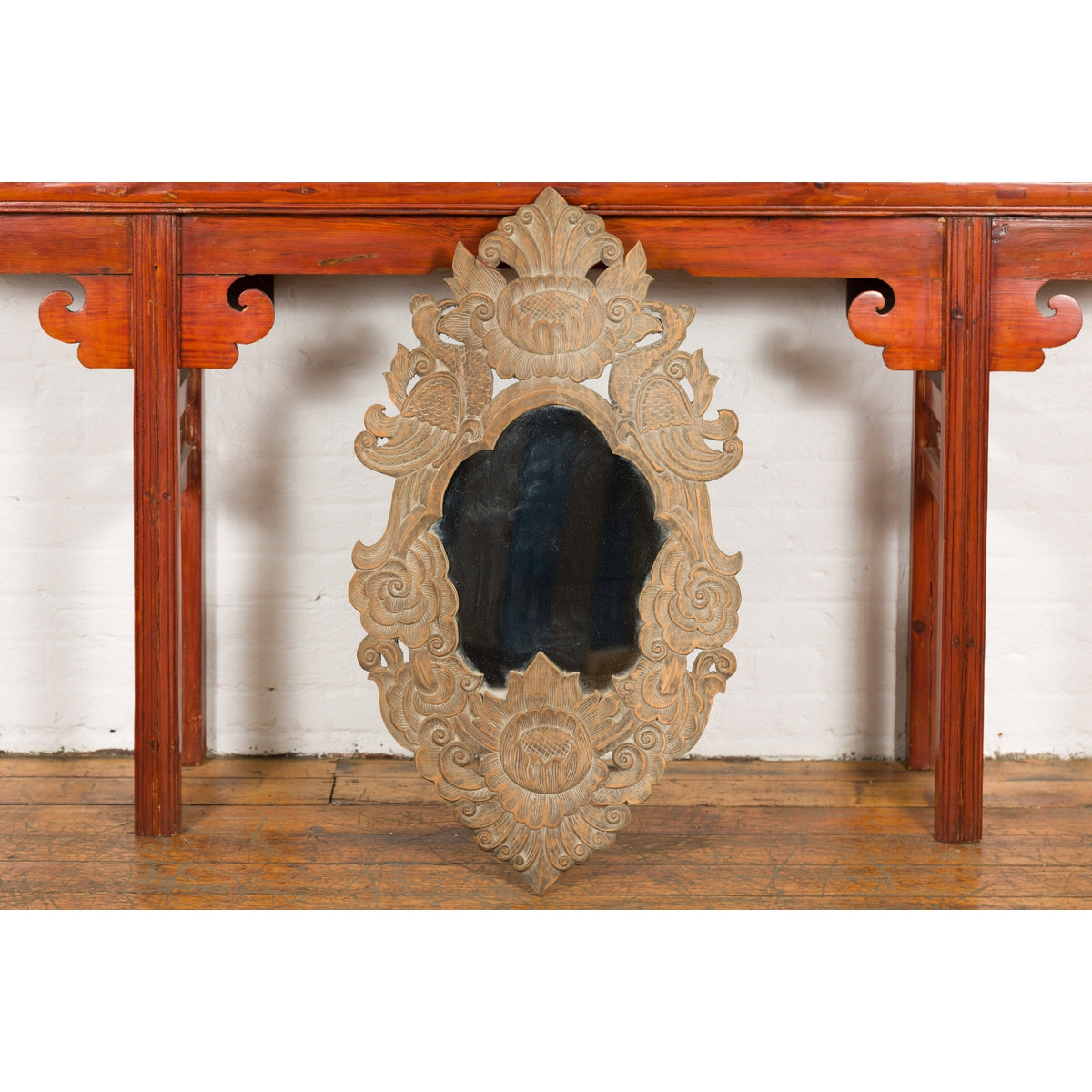 Vintage Thai Wooden Mirror with Carved Bird, Foliage and Flower Motifs-4. Asian & Chinese Furniture, Art, Antiques, Vintage Home Décor for sale at FEA Home