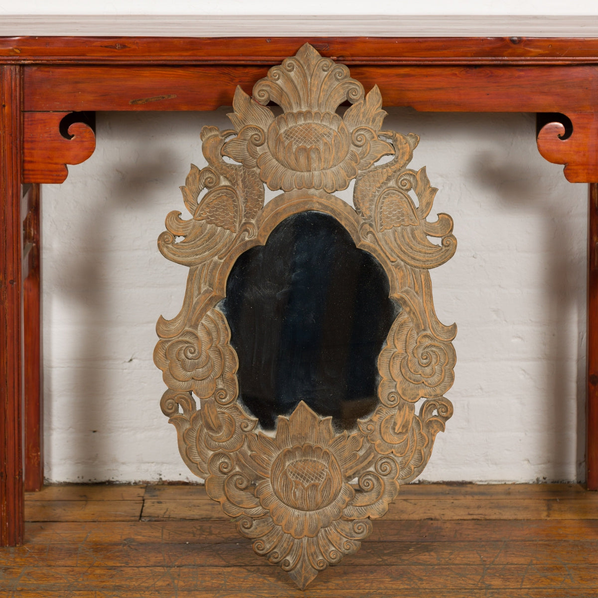 Vintage Thai Wooden Mirror with Carved Bird, Foliage and Flower Motifs-5. Asian & Chinese Furniture, Art, Antiques, Vintage Home Décor for sale at FEA Home
