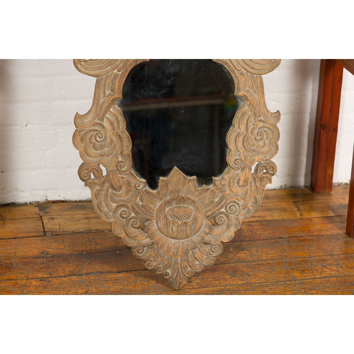 Vintage Thai Wooden Mirror with Carved Bird, Foliage and Flower Motifs-8. Asian & Chinese Furniture, Art, Antiques, Vintage Home Décor for sale at FEA Home