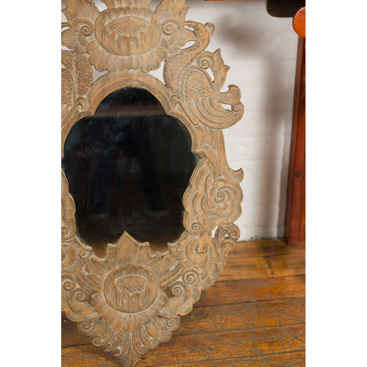 Vintage Thai Wooden Mirror with Carved Bird, Foliage and Flower Motifs-9. Asian & Chinese Furniture, Art, Antiques, Vintage Home Décor for sale at FEA Home