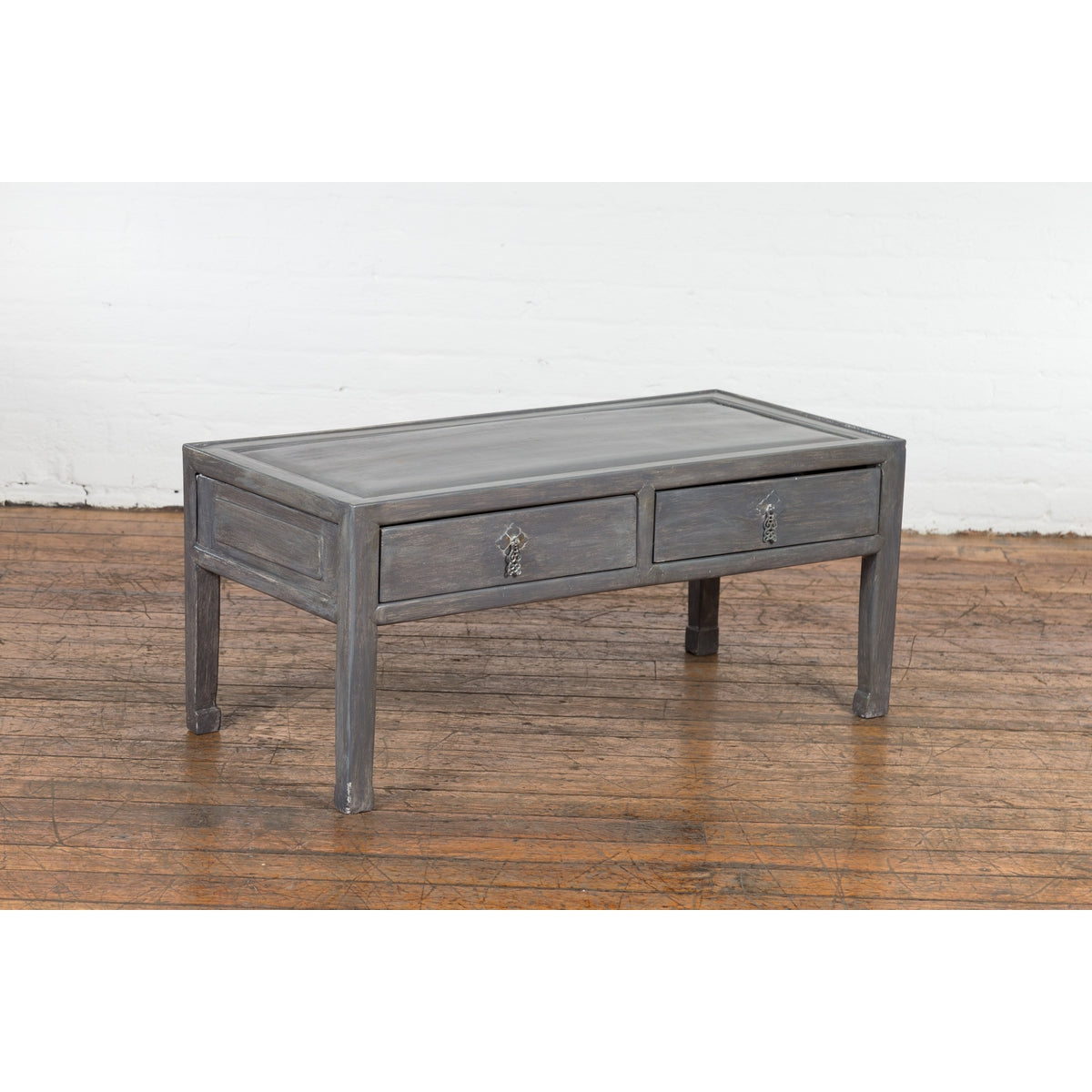 Chinese Late Qing Low Table with Two Drawers and Custom Grey Silver Lacquer-2. Asian & Chinese Furniture, Art, Antiques, Vintage Home Décor for sale at FEA Home