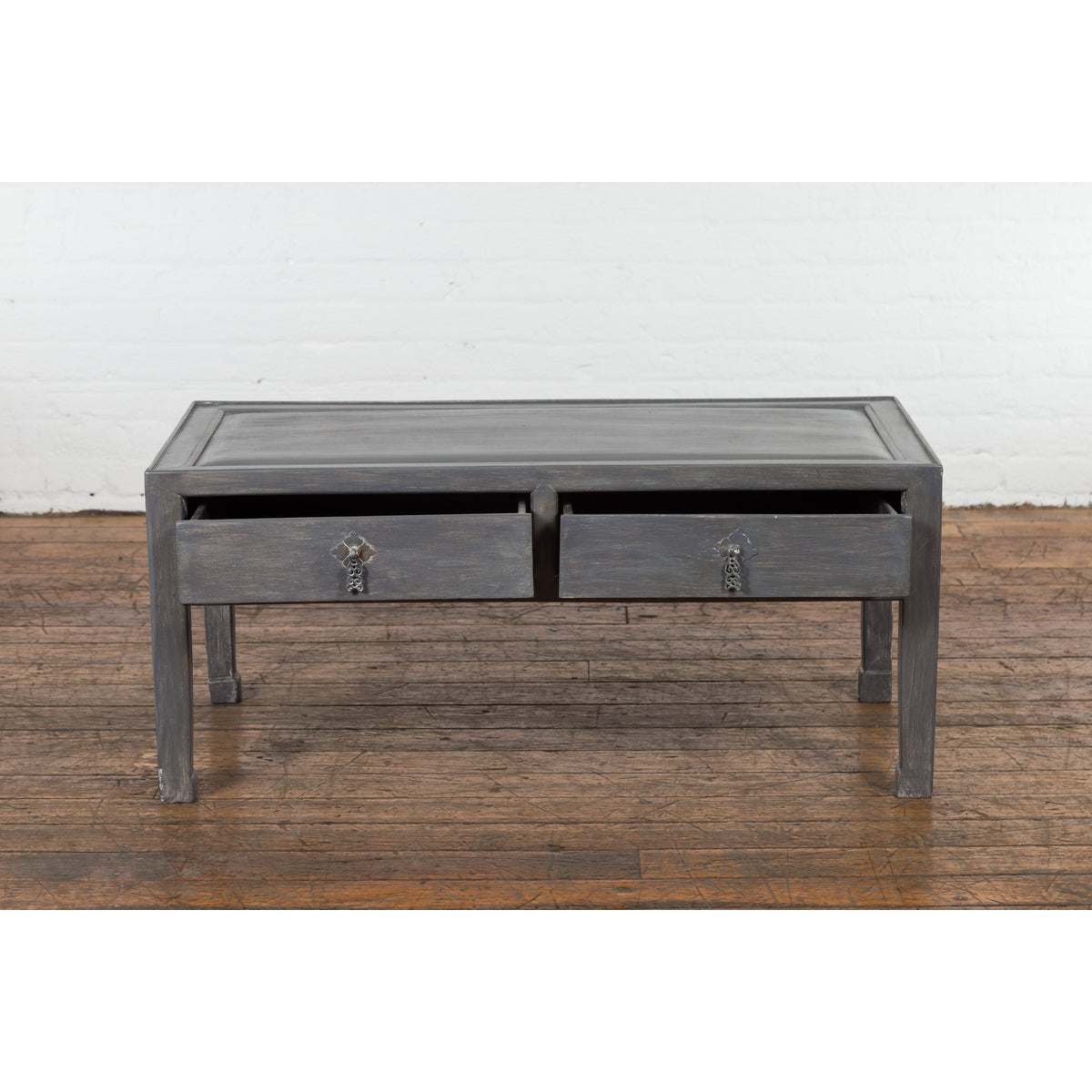 Chinese Late Qing Low Table with Two Drawers and Custom Grey Silver Lacquer-3. Asian & Chinese Furniture, Art, Antiques, Vintage Home Décor for sale at FEA Home