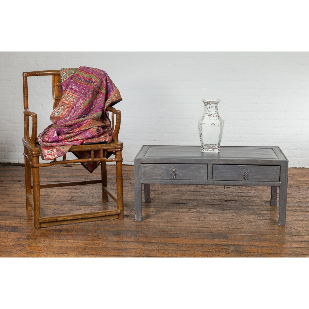 Chinese Late Qing Low Table with Two Drawers and Custom Grey Silver Lacquer-4. Asian & Chinese Furniture, Art, Antiques, Vintage Home Décor for sale at FEA Home