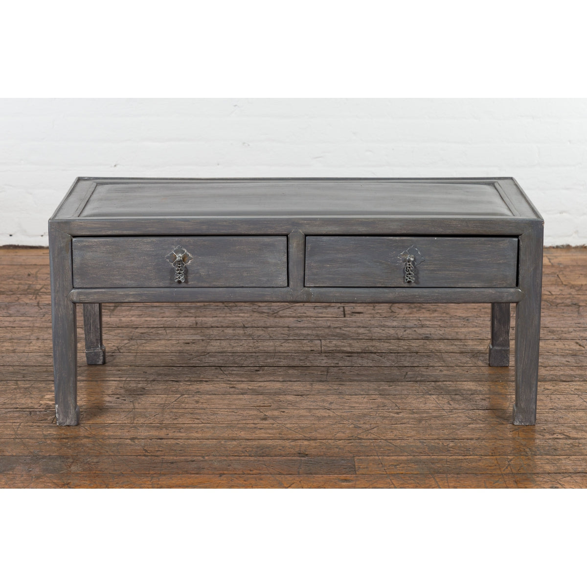 Chinese Late Qing Low Table with Two Drawers and Custom Grey Silver Lacquer-6. Asian & Chinese Furniture, Art, Antiques, Vintage Home Décor for sale at FEA Home
