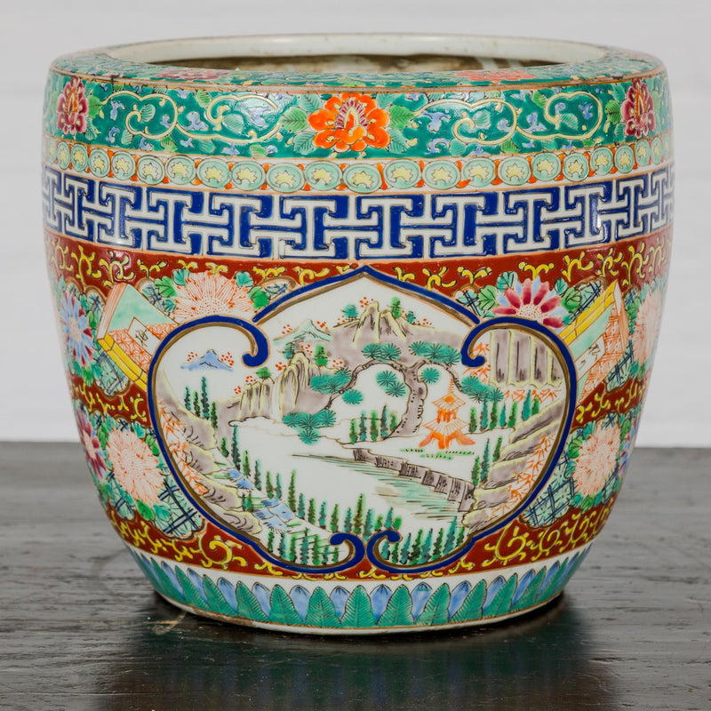 Japanese Hand-Painted Imari Planter with Landscapes, Flowers and Books-YN3515-1. Asian & Chinese Furniture, Art, Antiques, Vintage Home Décor for sale at FEA Home