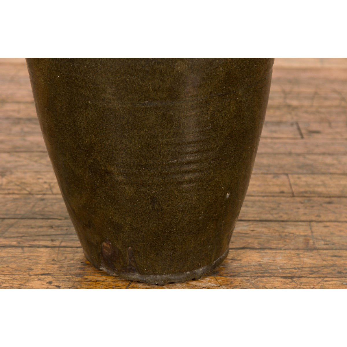 Vintage Dark Brownish Green Glazed Ceramic Storage Jar with Tapering Lines-10. Asian & Chinese Furniture, Art, Antiques, Vintage Home Décor for sale at FEA Home