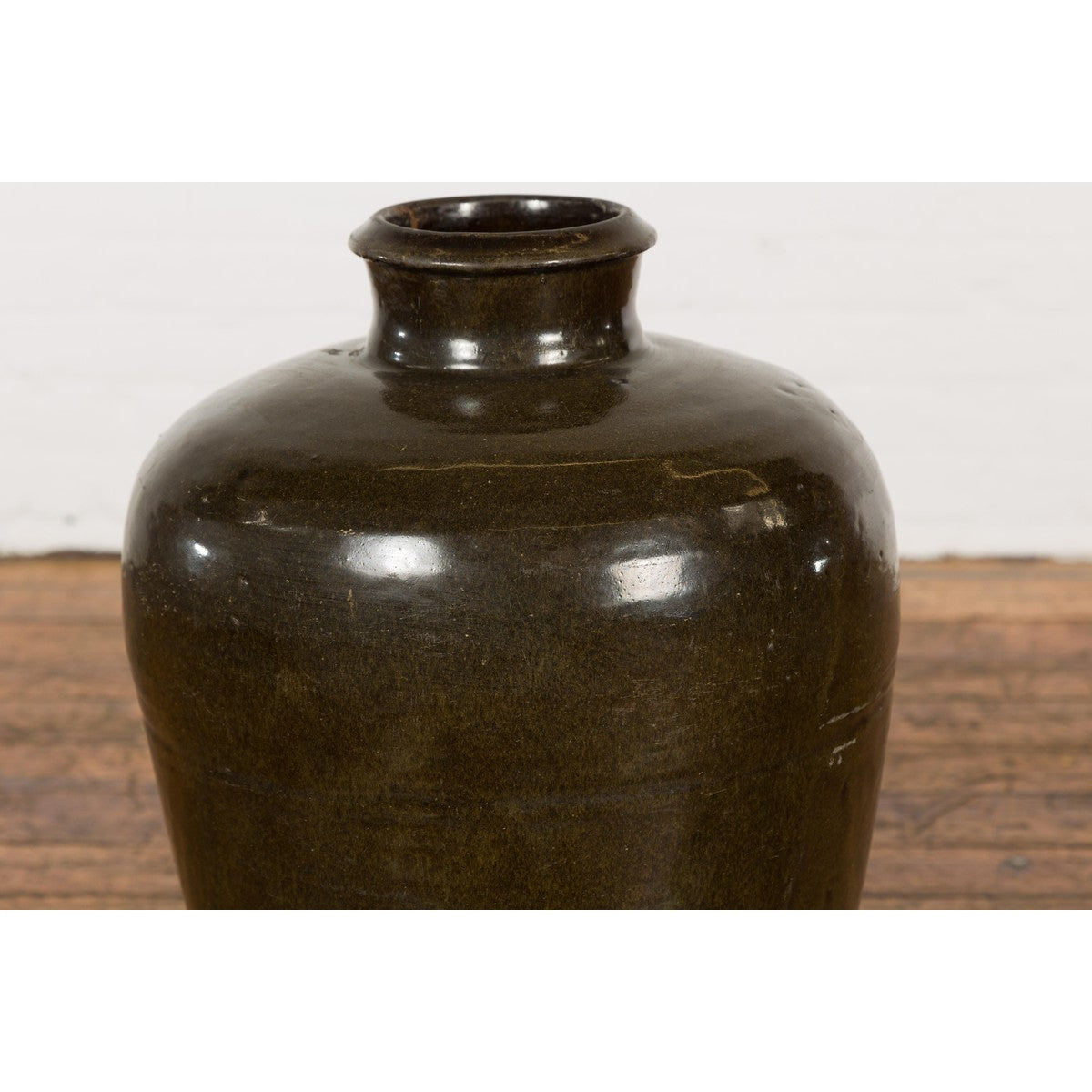 Vintage Dark Brownish Green Glazed Ceramic Storage Jar with Tapering Lines-11. Asian & Chinese Furniture, Art, Antiques, Vintage Home Décor for sale at FEA Home
