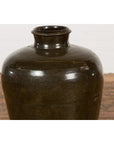 Vintage Dark Brownish Green Glazed Ceramic Storage Jar with Tapering Lines-11. Asian & Chinese Furniture, Art, Antiques, Vintage Home Décor for sale at FEA Home