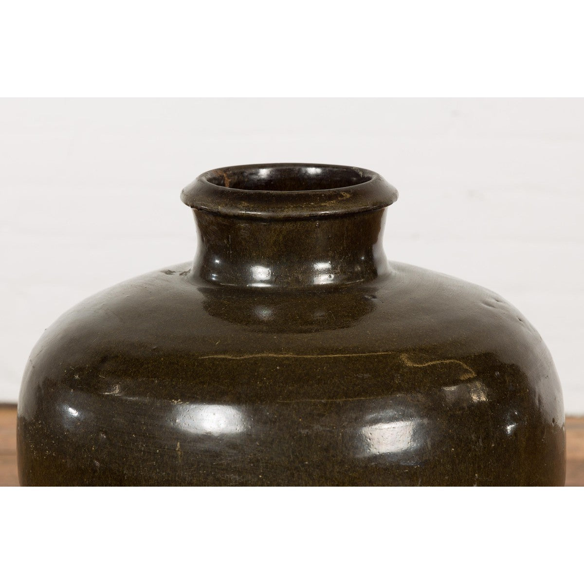 Vintage Dark Brownish Green Glazed Ceramic Storage Jar with Tapering Lines-12. Asian & Chinese Furniture, Art, Antiques, Vintage Home Décor for sale at FEA Home