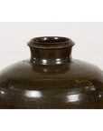 Vintage Dark Brownish Green Glazed Ceramic Storage Jar with Tapering Lines-12. Asian & Chinese Furniture, Art, Antiques, Vintage Home Décor for sale at FEA Home