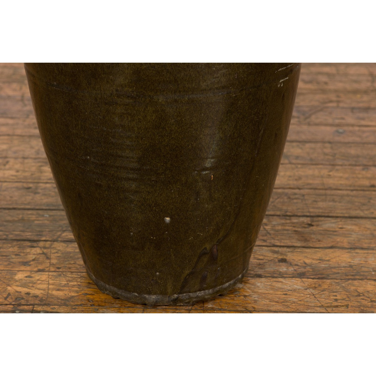 Vintage Dark Brownish Green Glazed Ceramic Storage Jar with Tapering Lines-13. Asian & Chinese Furniture, Art, Antiques, Vintage Home Décor for sale at FEA Home