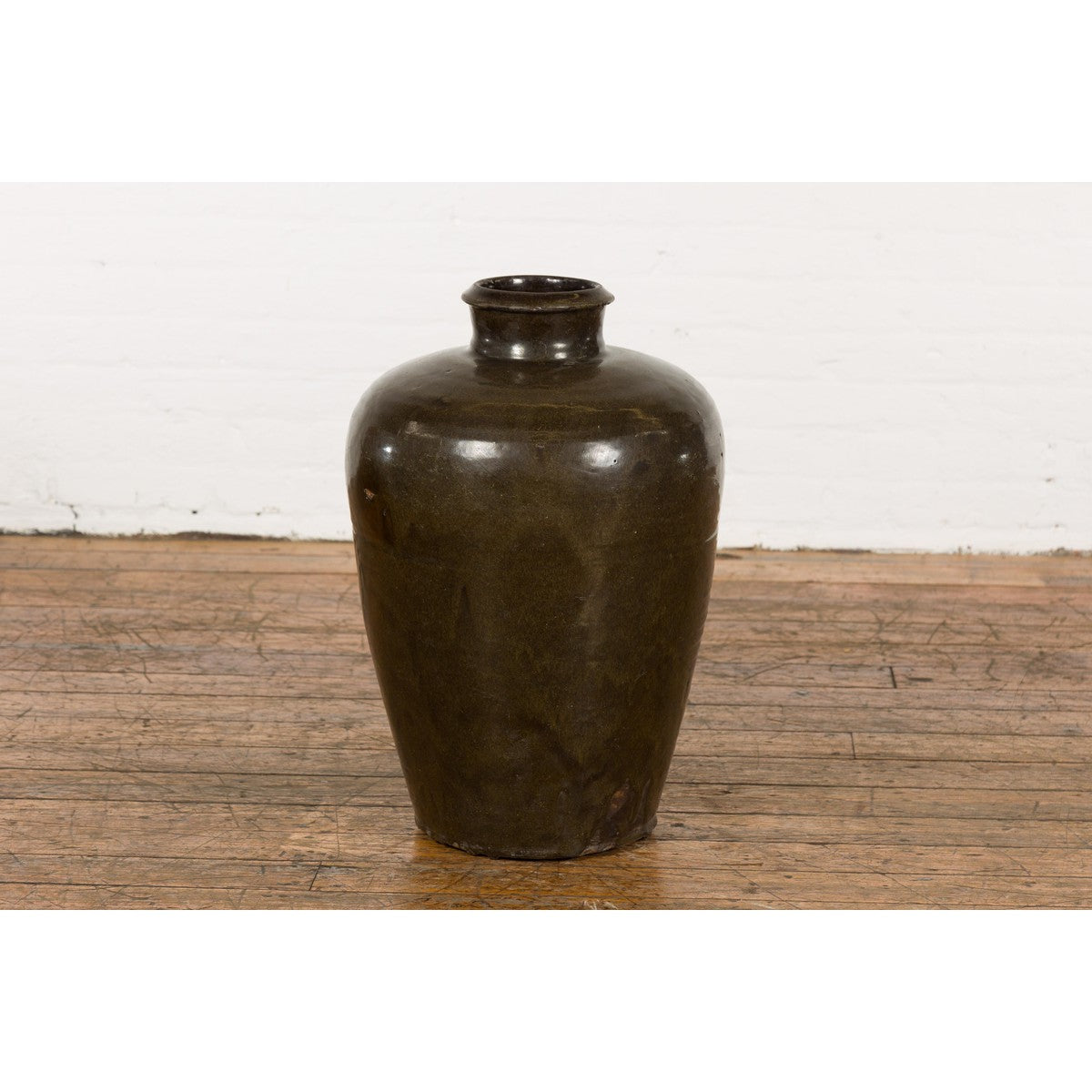 Vintage Dark Brownish Green Glazed Ceramic Storage Jar with Tapering Lines-15. Asian & Chinese Furniture, Art, Antiques, Vintage Home Décor for sale at FEA Home