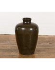 Vintage Dark Brownish Green Glazed Ceramic Storage Jar with Tapering Lines-15. Asian & Chinese Furniture, Art, Antiques, Vintage Home Décor for sale at FEA Home