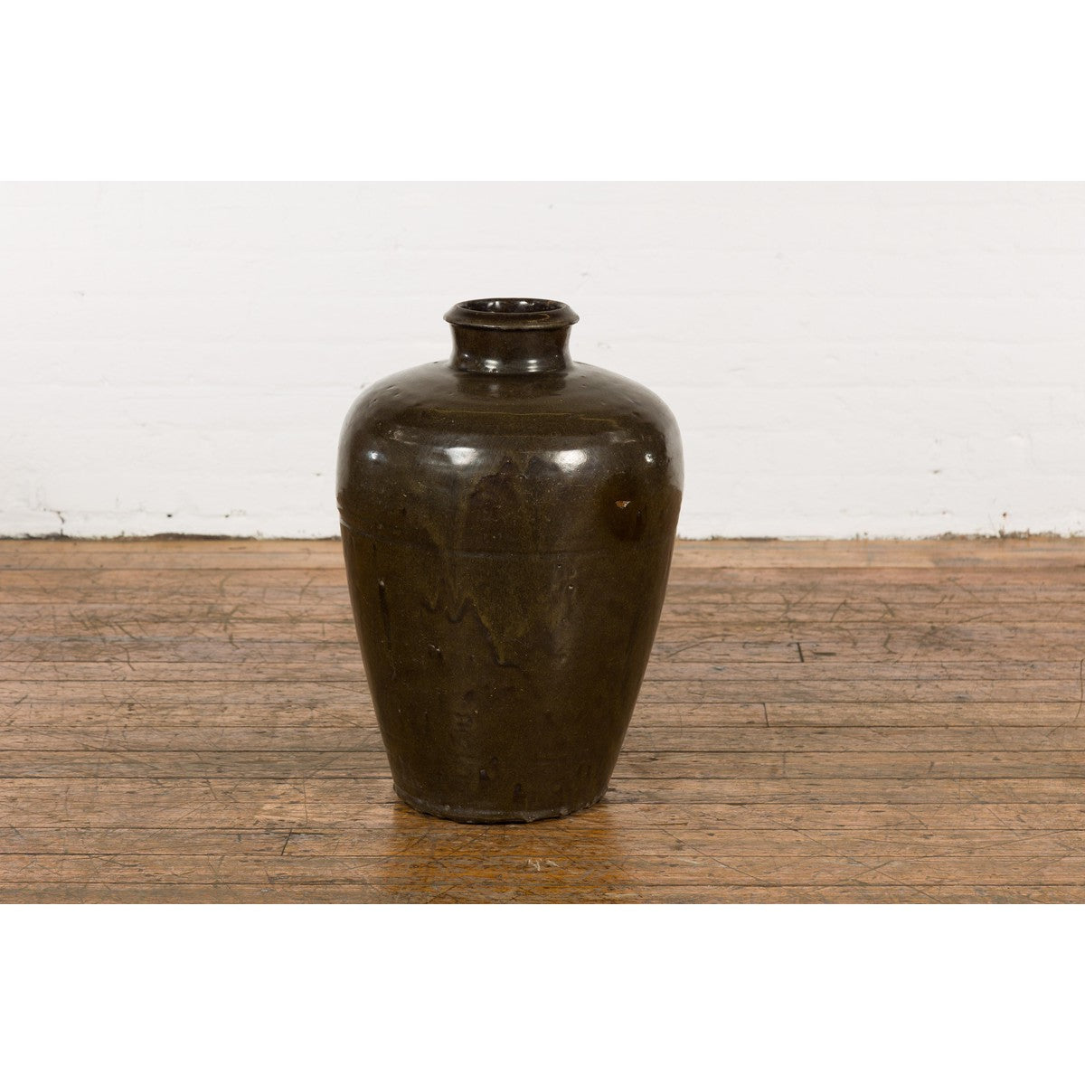 Vintage Dark Brownish Green Glazed Ceramic Storage Jar with Tapering Lines-16. Asian & Chinese Furniture, Art, Antiques, Vintage Home Décor for sale at FEA Home