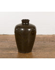 Vintage Dark Brownish Green Glazed Ceramic Storage Jar with Tapering Lines-16. Asian & Chinese Furniture, Art, Antiques, Vintage Home Décor for sale at FEA Home