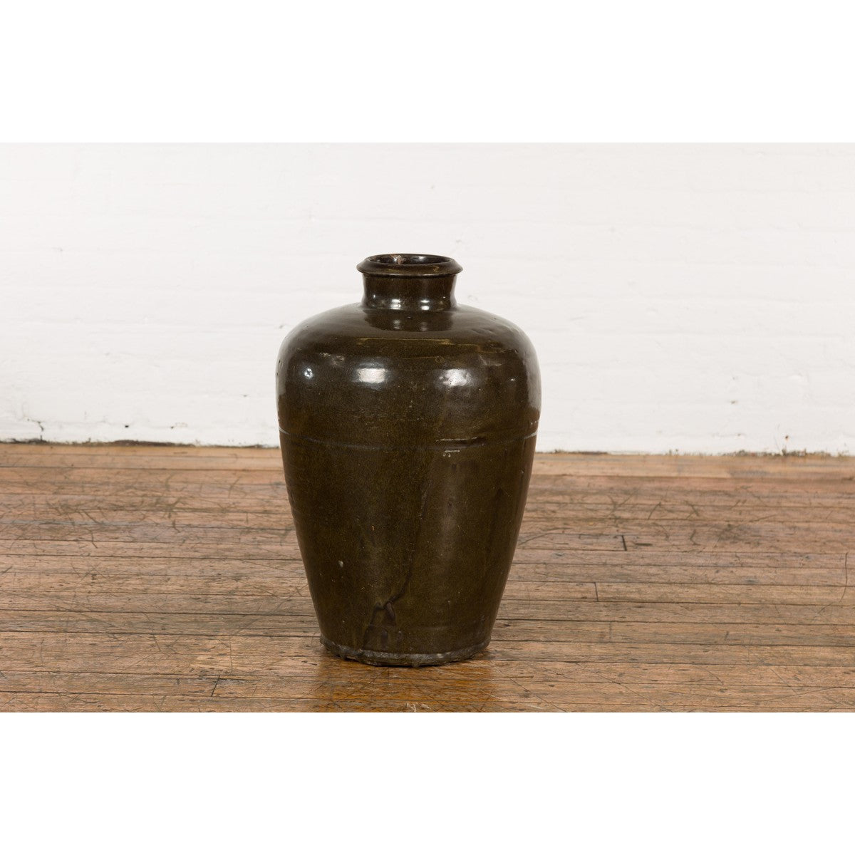 Vintage Dark Brownish Green Glazed Ceramic Storage Jar with Tapering Lines-17. Asian & Chinese Furniture, Art, Antiques, Vintage Home Décor for sale at FEA Home
